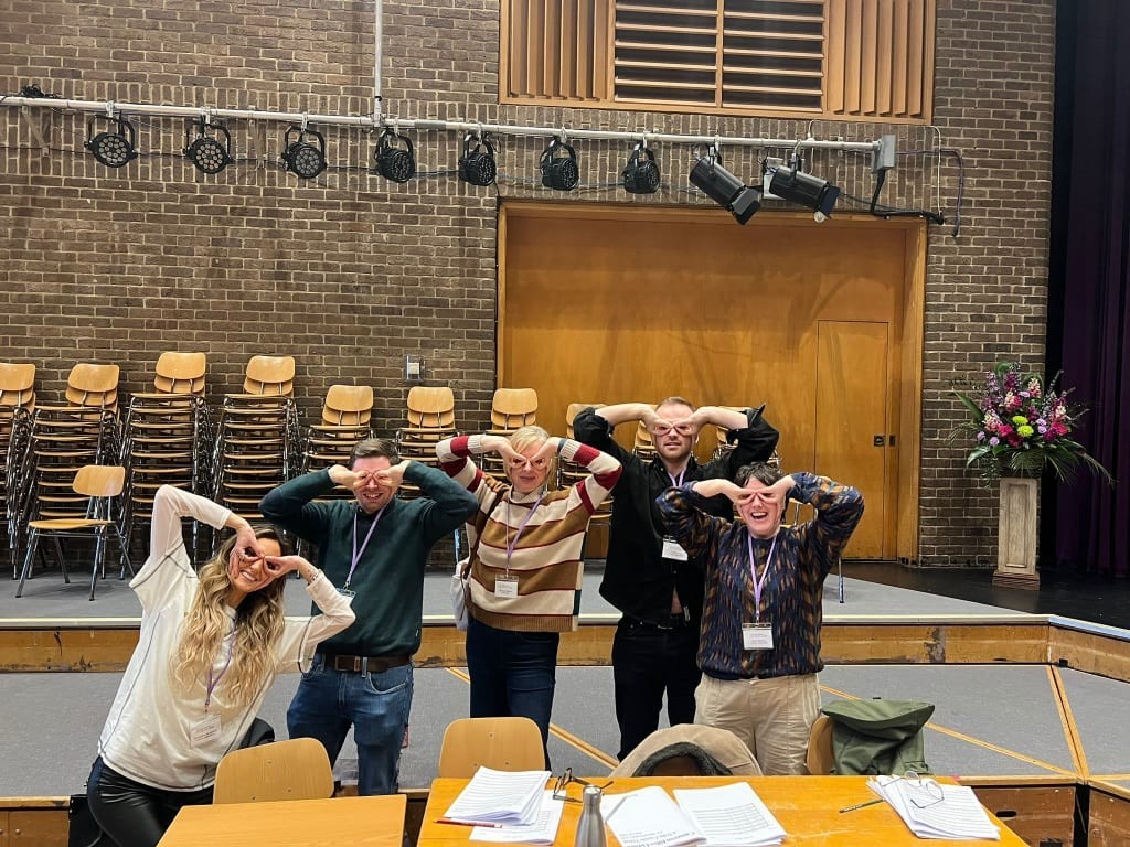 Joanna Marsh with four very happy composers at the National Youth Choir (18-25 Years) composition workshops